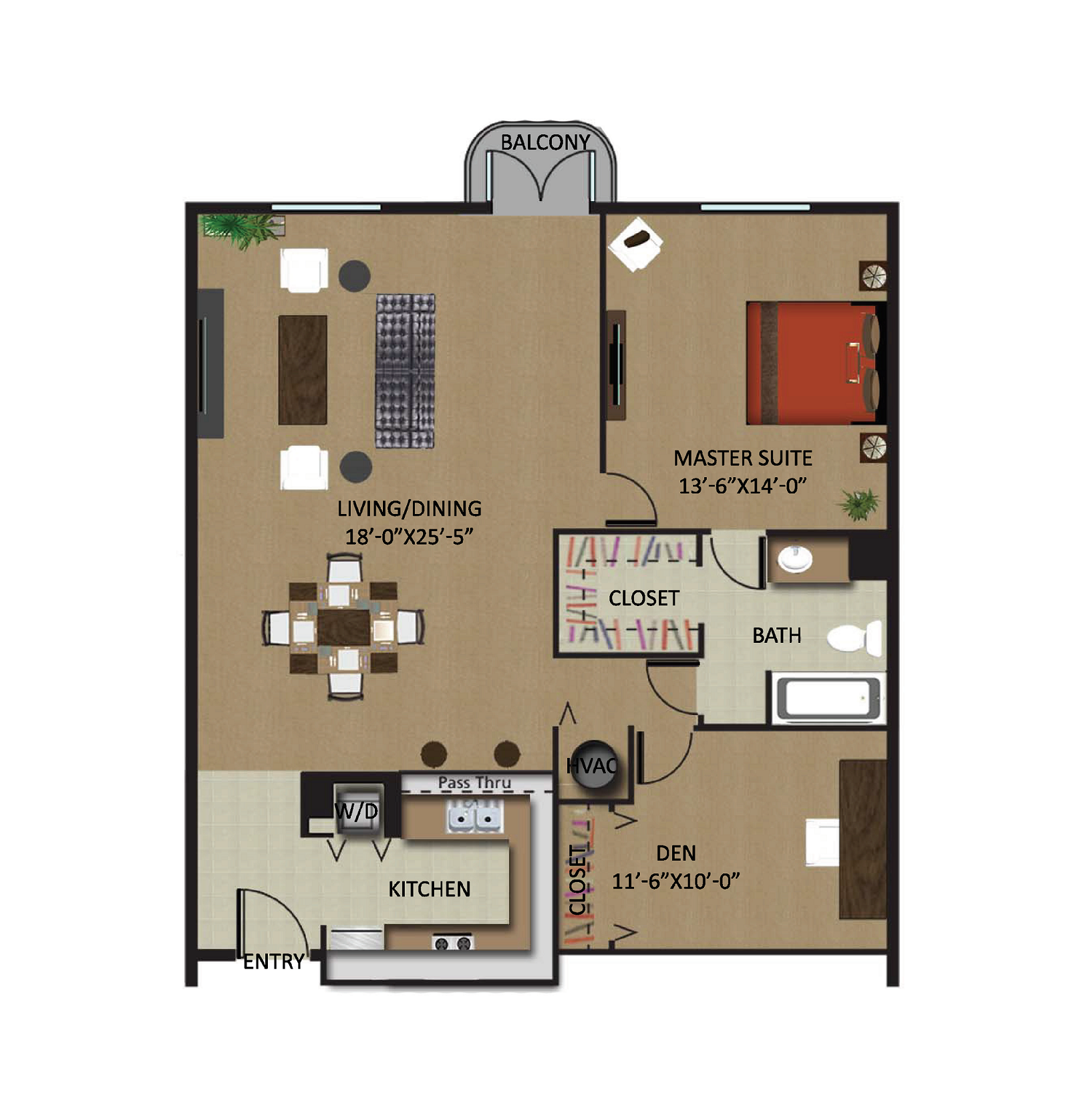 Floor plan for 1 bed, 1 bath, 788 sqft